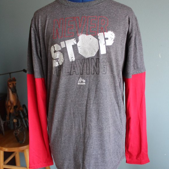 Never Stop Playing Gray/Red Long Sleeve T-Shirt - Picture 1 of 5